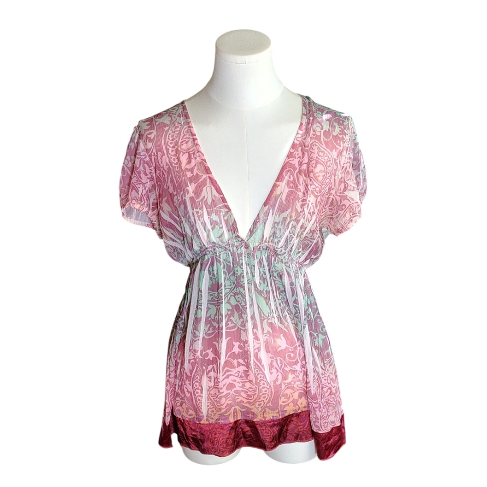 Vintage Motherhood Maternity Crepe Sheer Maroon Green Paisley Blouse Size Medium
